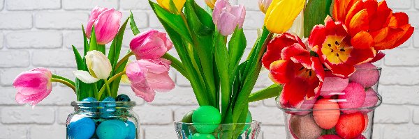 Naczynia, Różnokolorowe, Tulipany, Wielkanoc, Jajka, Kolorowe