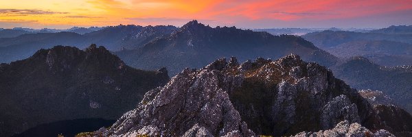 Tasmania, Arthur Range, Skały, Australia, Góry, Zachód słońca