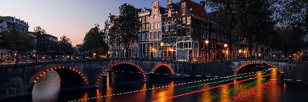 Holandia, Domy, Światła, Kanał Leidsegracht, Most, Amsterdam, Miasto