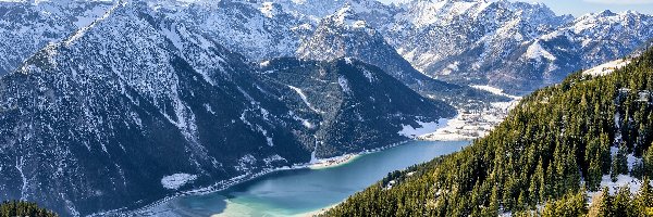 Góry, Drzewa, Jezioro Achensee, Austria, Tyrol