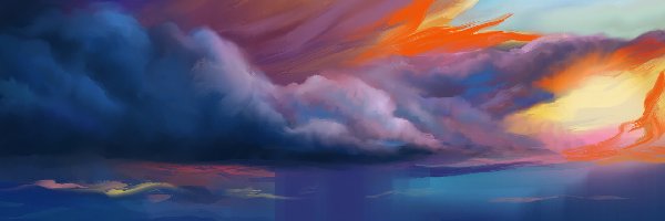 Morze, Chmury, Kolorowe, Grafika, Zachód słońca