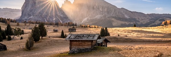 Jesień, Seiser Alm, Góry, Południowy Tyrol, Włochy, Promienie słońca, Drzewa, Dolomity, Dom