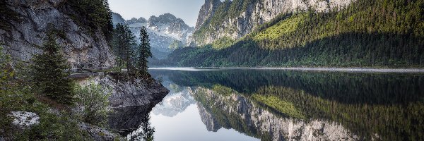 Gosausee, Jezioro, Dachstein, Góry, Austria, Odbicie, Drzewa, Salzkammergut, Skały
