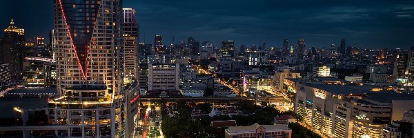 Tajlandia, Domy, Bangkok, Noc, Światła