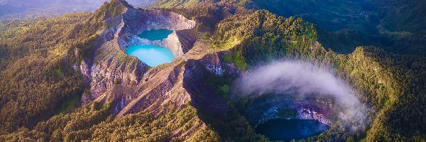 Jeziora, Kelimutu, Flores Island, Wyspa, Indonezja, Góry, Mgła, Wulkan, Krater
