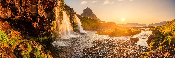 Islandia, Kirkjufell, Wodospad, Wschód słońca, Skały