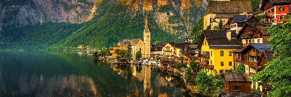 Jezioro, Hallstatt, Odbicie, Drzewa, Góry, Domy, Kościół, Austria