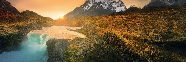 Rzeka, Góry, Torres del Paine, Zachód słońca, Patagonia, Argentyna