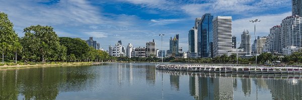 Bangkok, Wieżowce, Drzewa, Tajlandia, Benjakitti Lake, Jezioro