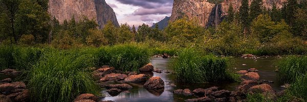 Kamienie, Rzeka, Park Narodowy Yosemite, Kalifornia, Stany Zjednoczone, Roślinność, Trawa, Góry, Chmury