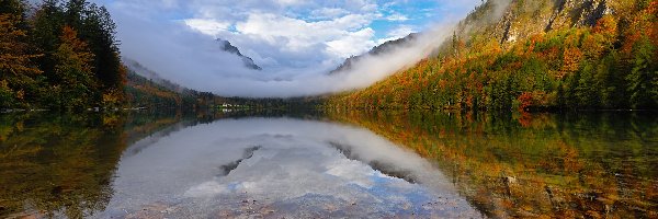 Jezioro Langbathseen, Góry, Austria, Odbicie, Mgła, Kolorowe, Drzewa, Jesień