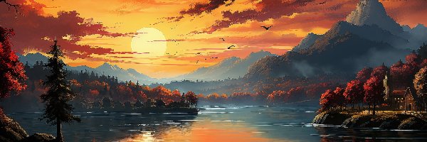 Jesień, Wschód słońca, Drzewa, 2D, Jezioro, Góry