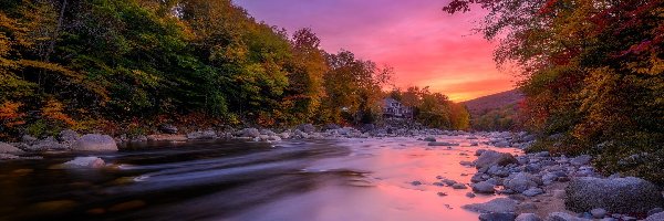 Rzeka, Drzewa, Kamienie, Zachód słońca, Jesień