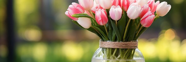 Kwiaty, Tulipany, Różowe, Wazon, Szklany