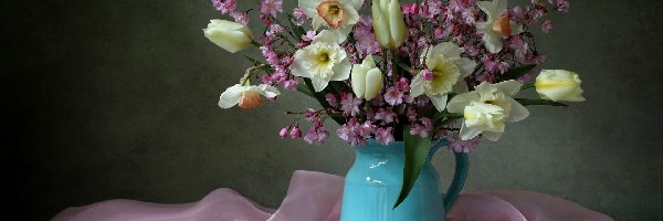 Gałązki, Tulipany, Bukiet kwiatów, Kompozycja, Żonkile, Dzbanek, Szal, Kwiaty