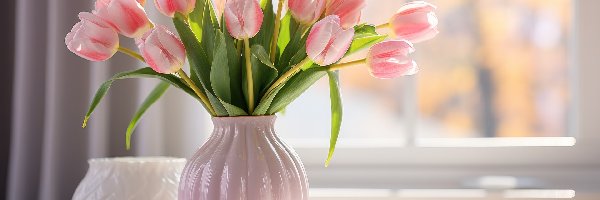 Okno, Kwiaty, Wazon, Grafika, Różowe, Tulipany