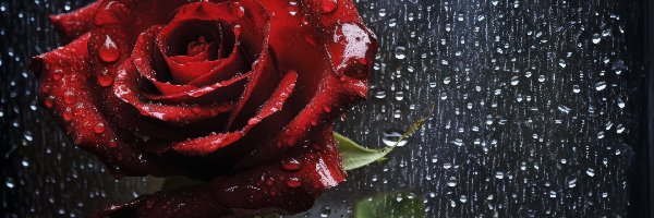Kwiat, Róża, Czerwona, Szyba, Deszcz
