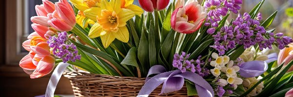 Kwiaty, Tulipany, Żonkile, Okno, Koszyk
