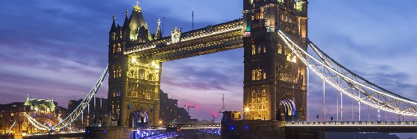 Światła, Rzeka Tamiza, Most, Londyn, Anglia, Noc, Tower Bridge