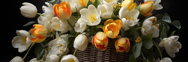 Kwiaty, Żółte, Białe, Koszyk, Tulipany