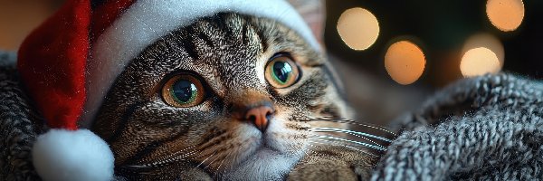 Czapka, Duże, Oczy, Mikołaja, Kot, Bury