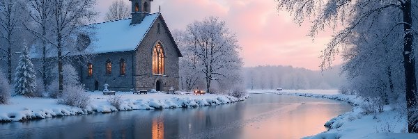 Rzeka, Drzewa, Kościół, AI, Zima