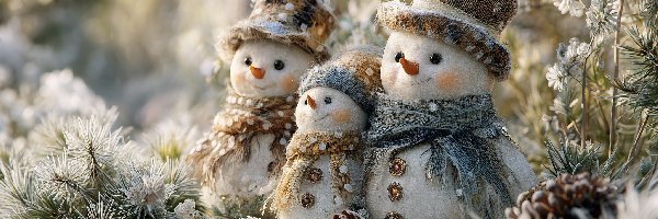 Trzy, Kapelusze, Bałwany, Grafika AI, Szaliki