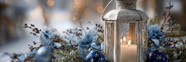 Boże Narodzenie, Bombki, Lampion, Grafika AI, Śnieg