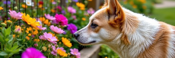 Biało-beżowy, Kwiaty, Pies, Ogrodzenie, Kolorowe