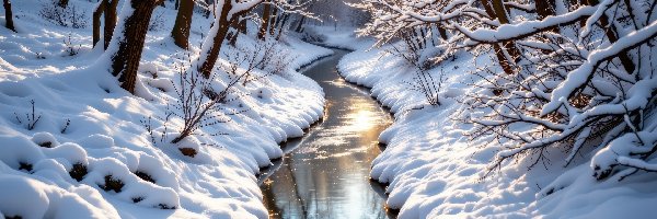 Zima, Rzeka, Las, Drzewa, Śnieg