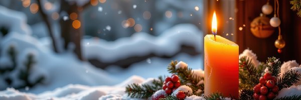 Świąteczny, Świeca, Stroik, Śnieg, Gałązki