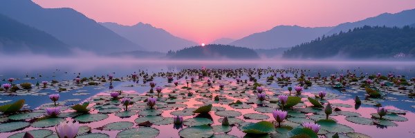 Wschód słońca, Mgła, Jezioro, Lilie wodne, Góry