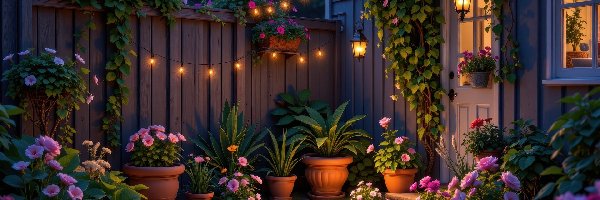 Ogródek, Kwiaty, Dom, Ogrodzenie, Oświetlenie