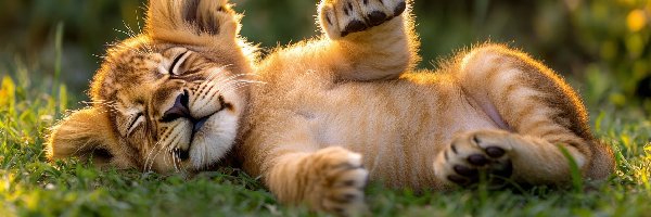 Lew, Śpiące, Lwiątko, AI, Trawa