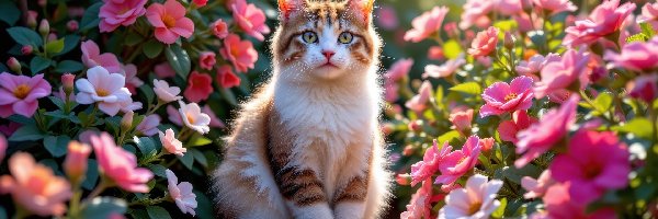 Siedzący, Kot, Rudo-biały, Kwiaty, Spojrzenie