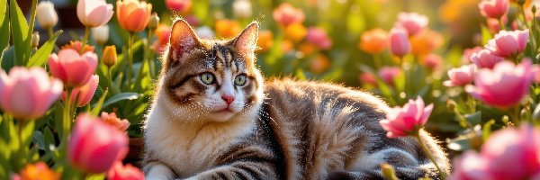Leżący, Kot, Biało-brązowy, Tulipany, Kwiaty