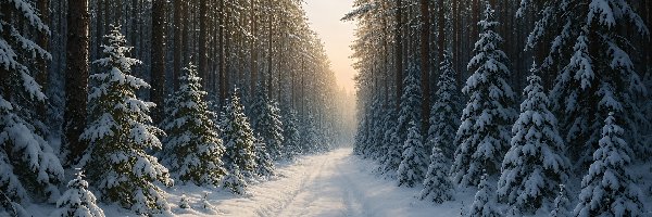 Śnieg, Droga, Drzewa, Zima, Las, Zima
