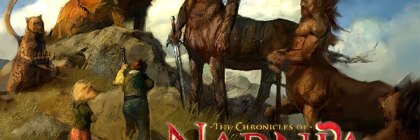 The Chronicles Of Narnia, dzieci, lew, centaur, napis