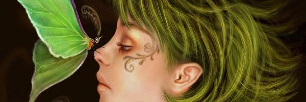 Kobieta, Włosy, Zielone, Motyl, Tatuaż