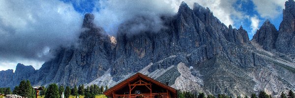Góry, Restauracja, Chmury, Austria, Drzewa