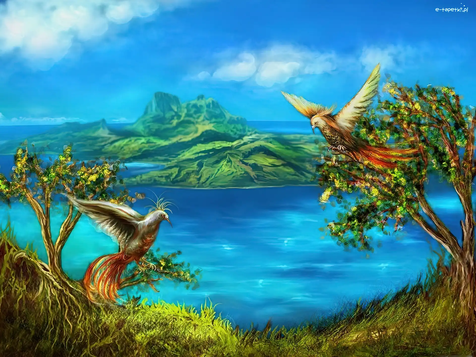 Art, Góry, Drzewa, Fantasy, Woda, Ptaki