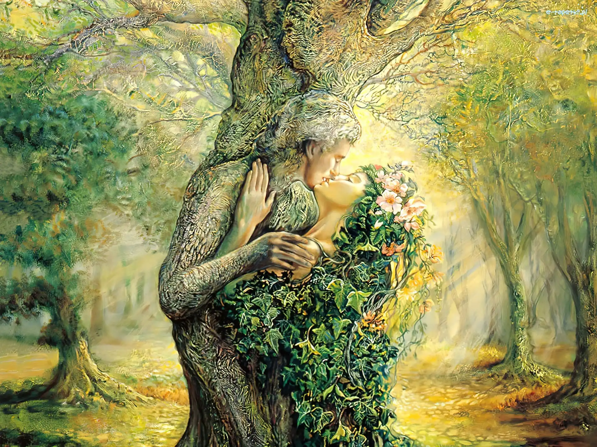 Pocałunek, Mężczyzna, Drzewa, Josephine Wall, Kobieta, Wiosna