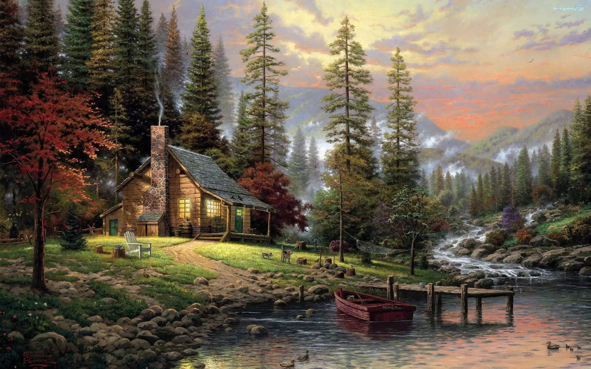 Drzewa, Thomas Kinkade, Staw, Domek