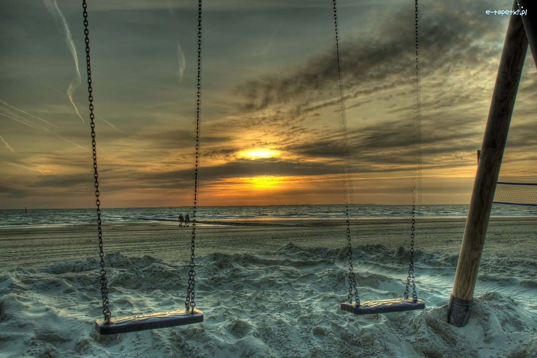 Morze, Zachód, Plaża, Huśtawki, Słońca