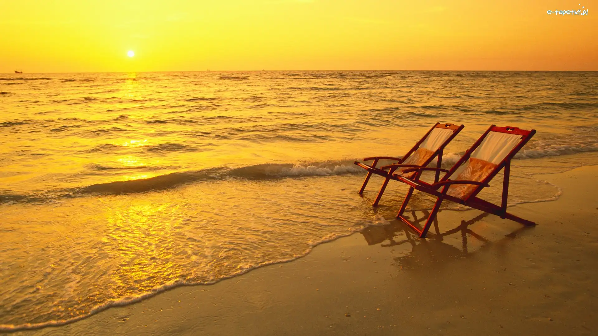 Wakacje, Zachód, Słońca, Plaża, Morze, Leżaki, Dwa