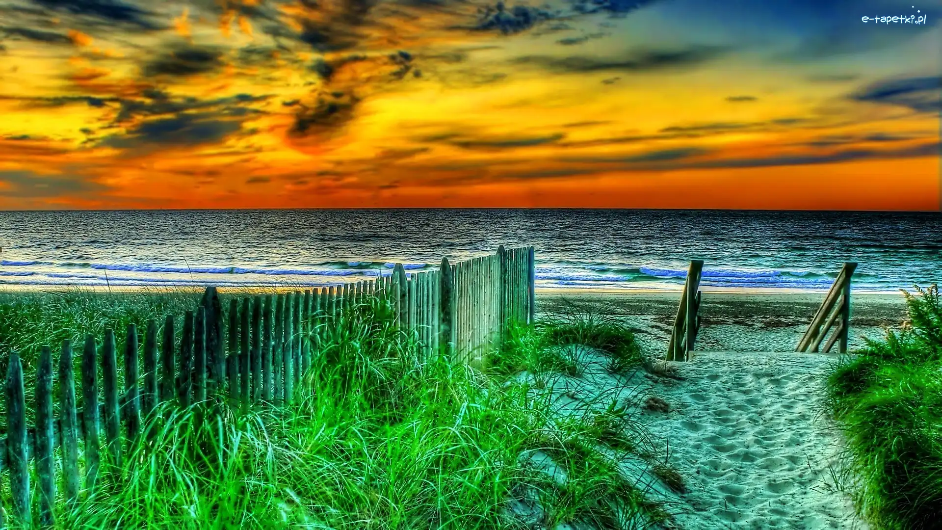 Morze, Zachód, Plaża, Płotek, Słońca