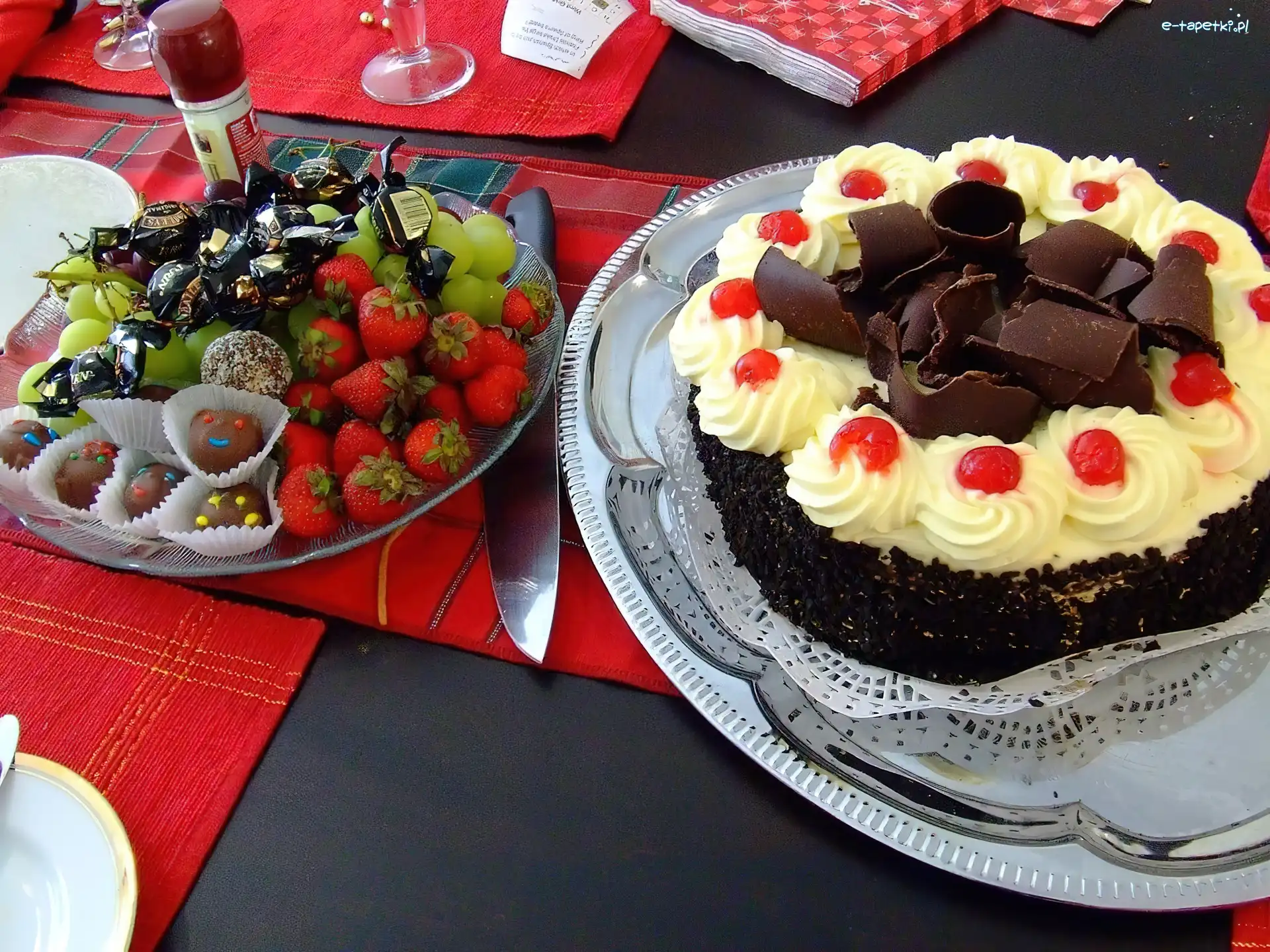 Czekoladowy, Nóż, Truskawki, Tort