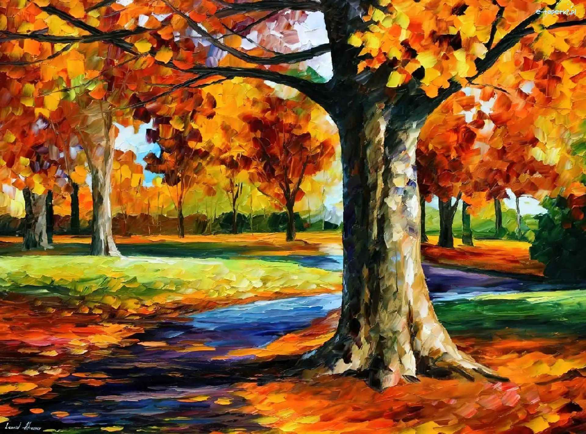 Drzewa, Leonid Afremov, Park, Jesienne