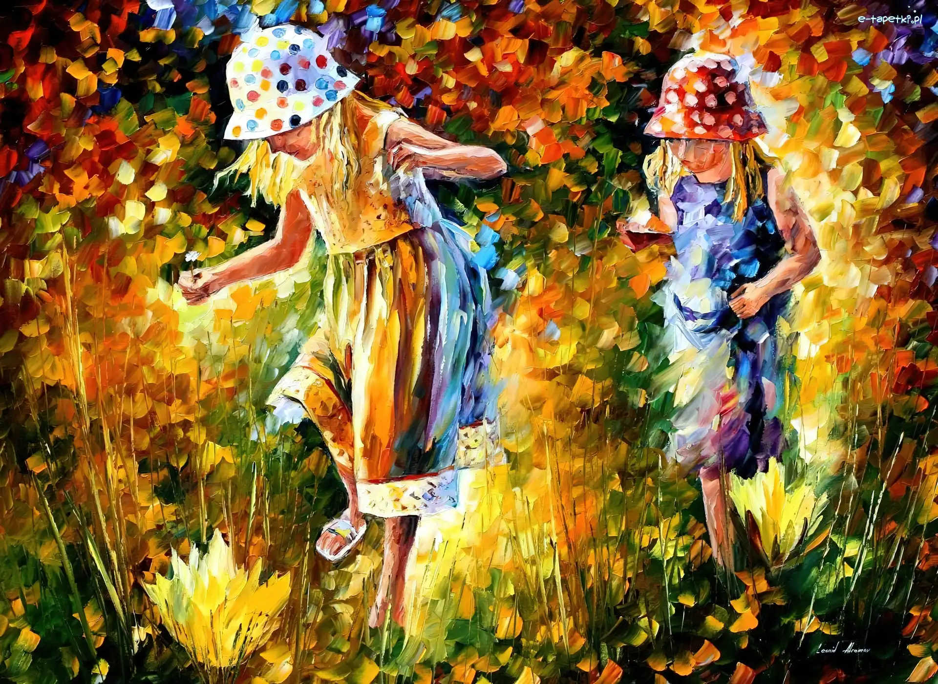 Trawa, Kapelusze, Leonid Afremov, Dziewczynki