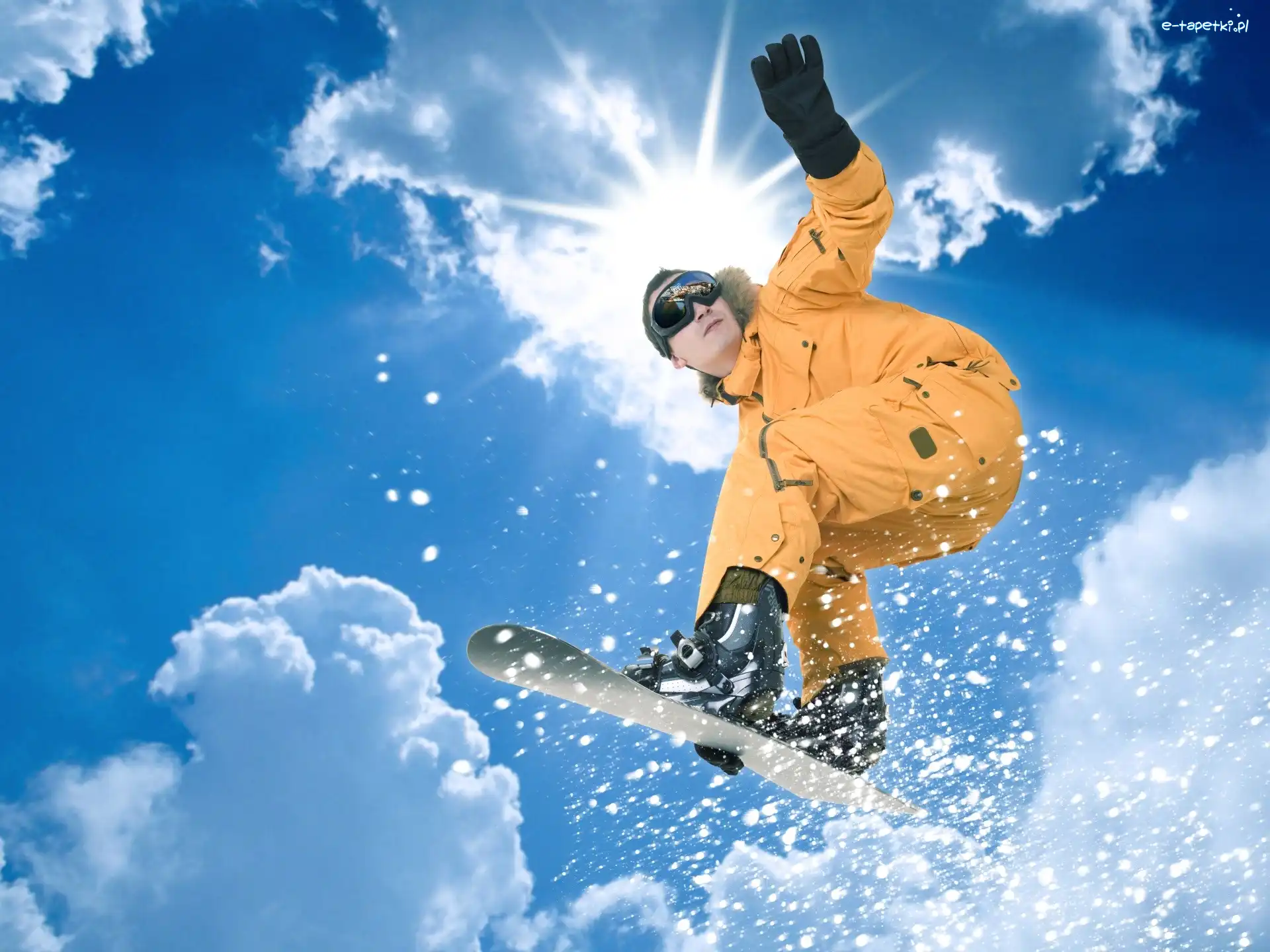 Snowboarding, Kombinezon, Pomarańczowy, Gogle, Słońce